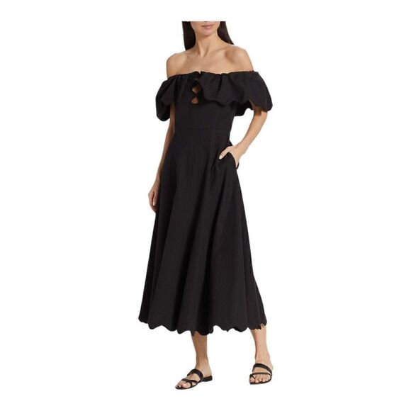 Sea black Leona Stretch Cotton Scalloped Midi Dress Size 14 NWT